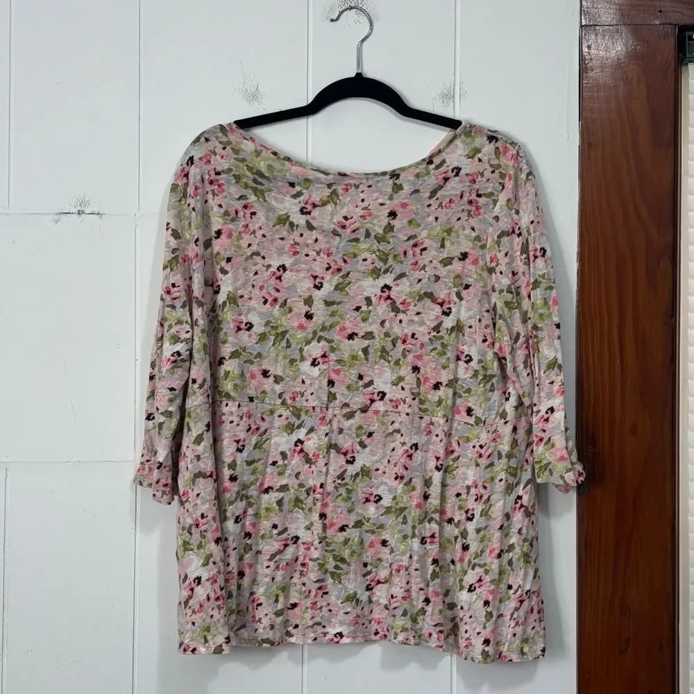 J. Jill Love Linen Springtime Floral Keyhole Tie Back Tunic Blouse Top Large - Picture 3 of 6